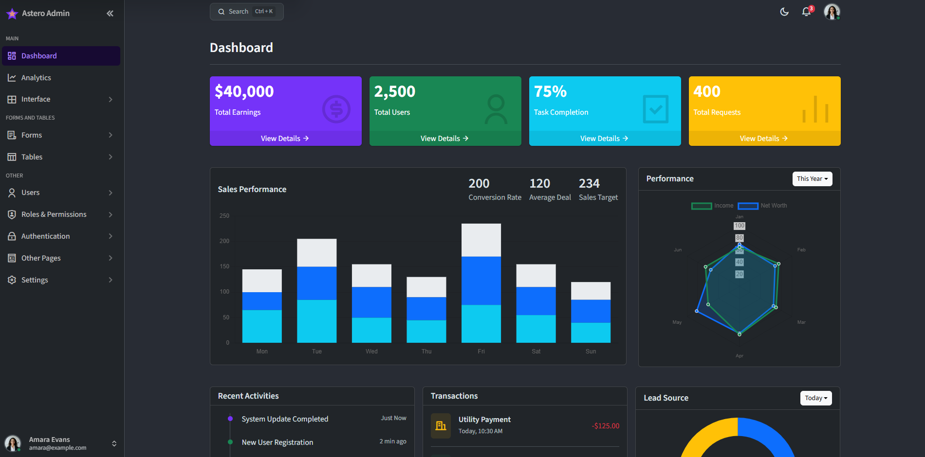 Astero Admin dark mode interface