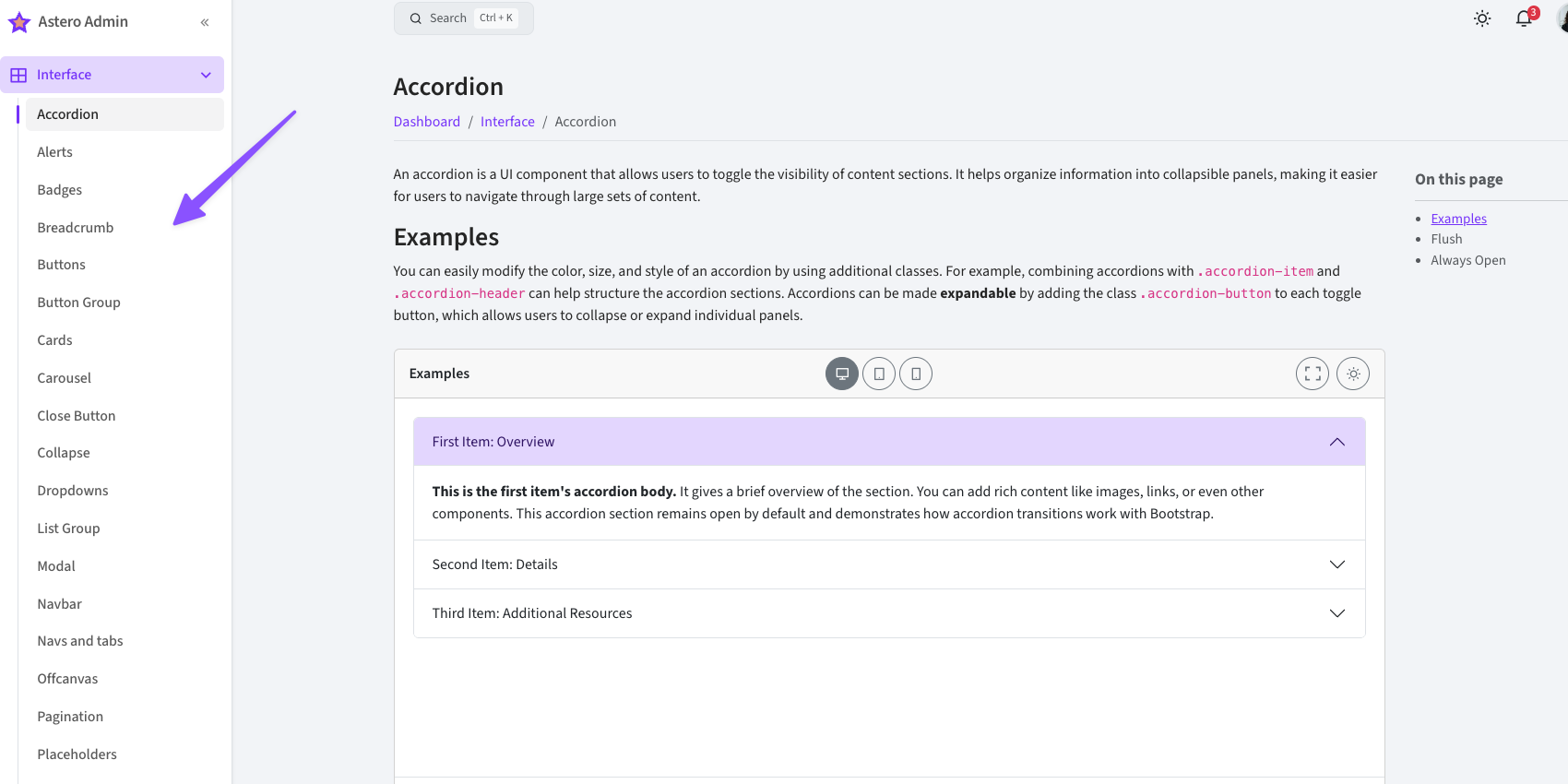 Astero Admin interface components